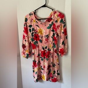 Old Navy pink floral mini dress 3/4 sleeves size large elastic waist and cuffs